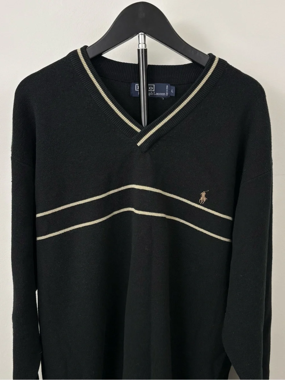 Vintage Polo by Ralph Lauren Black + Gold V-Neck Sweater with Contrast Stripes